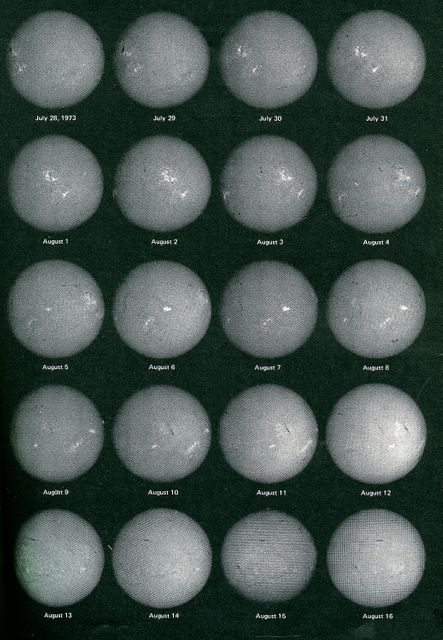 This collage reveals daily images of the Sun taken by Skylab's second crew during their 59-day orbit mission. Documenting solar rotation and changes in the Sun's activity from July 28 to August 16, 1973, it shows variations in solar features over this period. Bright areas indicate active solar regions. Useful for educational materials, space science presentations, historical NASA missions, and studies on solar dynamics.