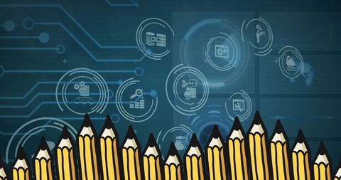 Pencils in Front of Digital Business and Technology Icons Background