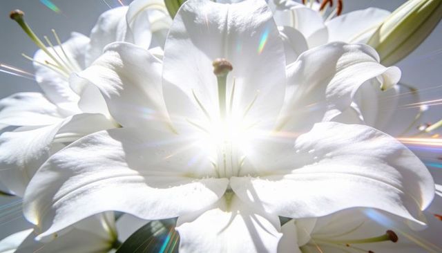Sunlit white lily blooming macro close-up with radiant lens flare and soft bokeh