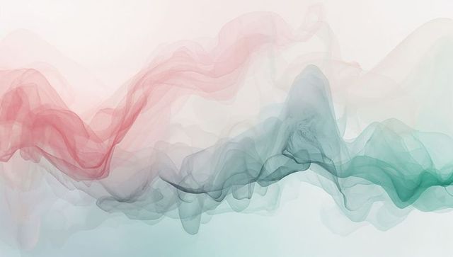 Flowing translucent ribbon wisps rose to teal gradient abstract soft pastel waves layered