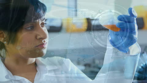 Innovative Scientist Analyzing Liquid Sample with Futuristic Overlay
