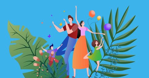 Joyful Family Dancing with Balloons Amidst Tropical Leaves