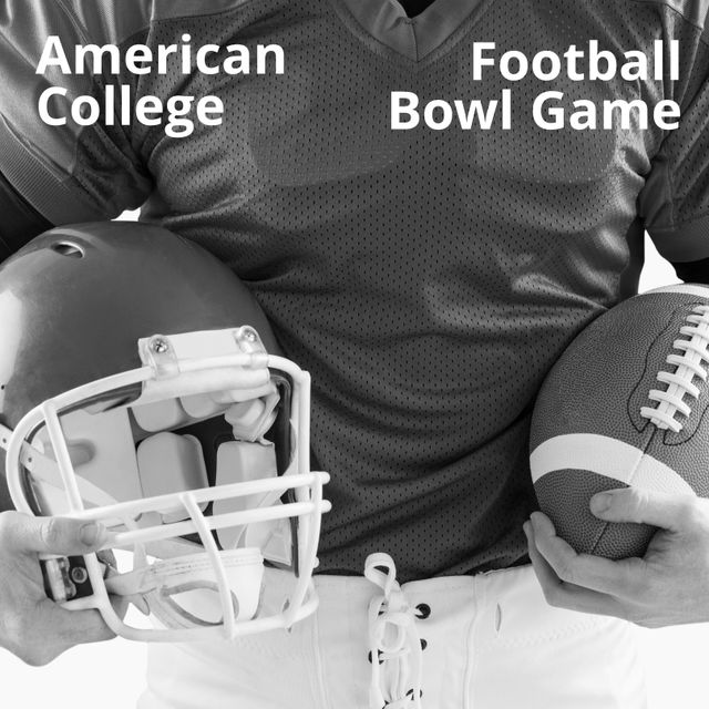 Black and white photo of a male American college football player holding both a helmet and a football. Ideal for use in sports promotional materials, college football event posters, and advertisements for sporting goods.
