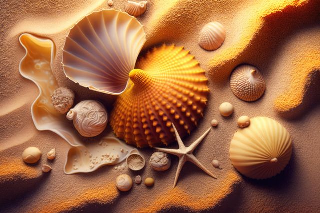 Close up of seashells in sand, created using generative ai technology. Shells, beach and beauty in nature concept digitally generated image.
