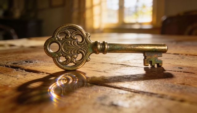 Ornate brass skeleton key lying on sunlit wooden table with reflection, antique patina