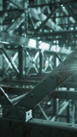 Vertical video showing diagonal steel support hinge and X-bracing with rust patina