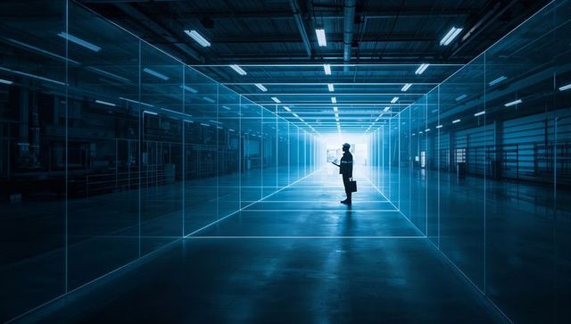 Engineer in Holographic Grid Interior Warehouse Conducting Digital Inspection and Planning