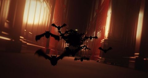 Eerie corridor with flying bats at night