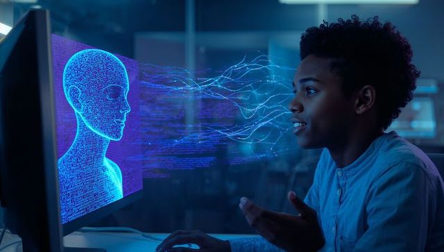 Teen interacting with holographic ai head on monitor in futuristic coding lab workspace