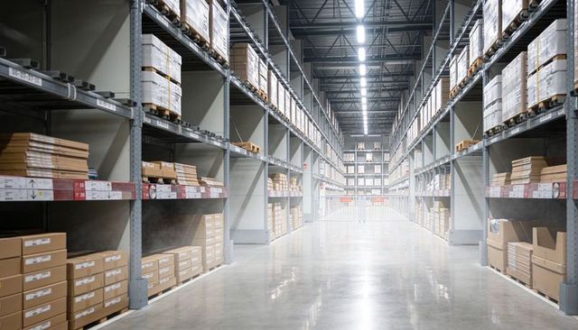 Symmetrical warehouse aisle with tall metal racks, stacked pallets, concrete floor
