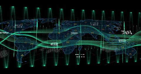 Global Network Visualization Streaming Teal Data Ribbons with Glowing Nodes and Hexagonal Telemetry