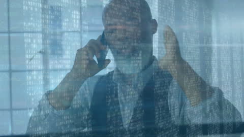 Businessman Engaging in Digital Communication with Data Overlay