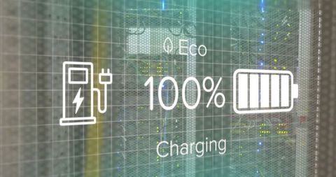 Eco-friendly data center with charging overlay graphics