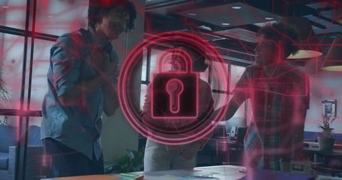 Business Team Collaborating and Discussing Data Security Strategy with Neon Padlock Overlay