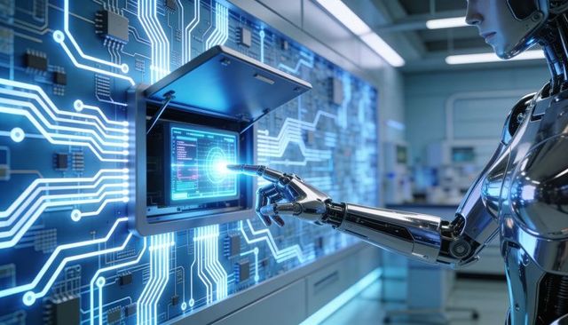 Humanoid robot interacting with circuit wall touchscreen in futuristic ai laboratory