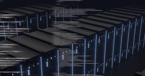 Glitching neon-blue server racks glowing and pulsing in symmetrical high-tech data center