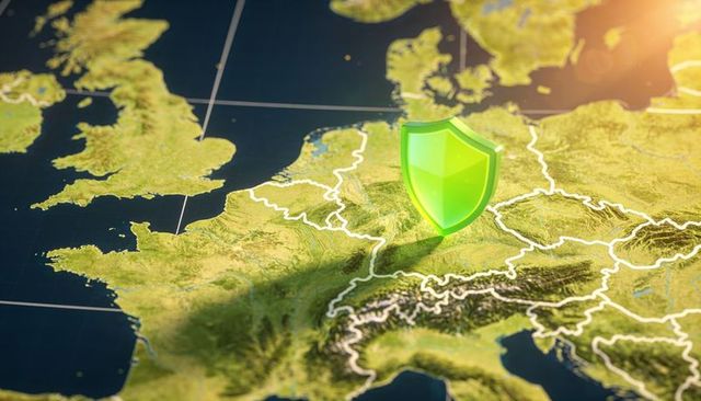 Green shield hovering over central europe map highlighting alps and borders
