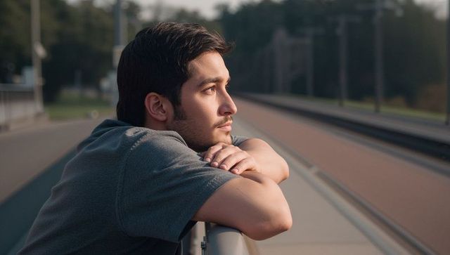 Young man leaning on railing at train platform gazing down tracks during golden hour
