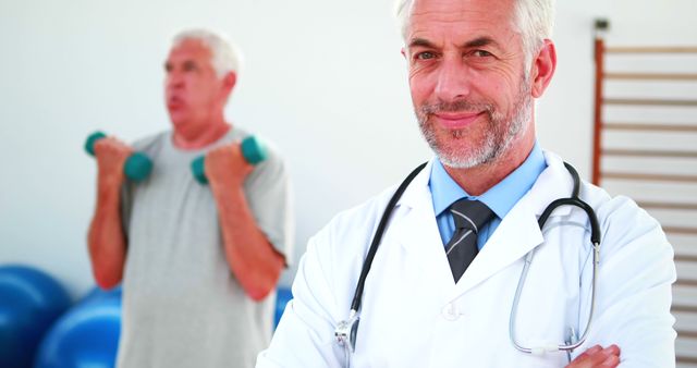 Senior Male Doctor Supervising Older Man Exercising with Dumbbells - Download Free Stock Images Pikwizard.com