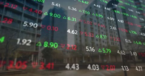 Financial Data Projections Overlaying City Skyline