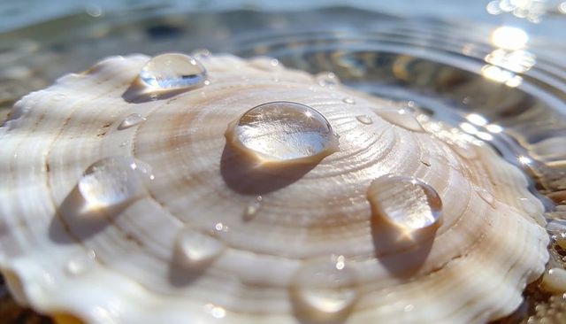 Sunlit water droplets on scallop shell macro with beach pebbles and ripples