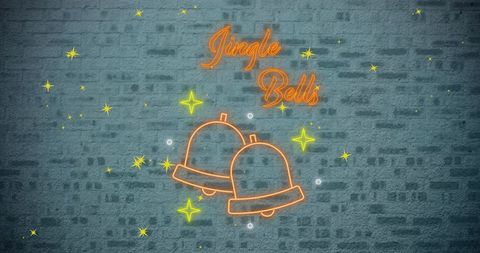 Neon Christmas Bells Illustration with Festive Text on Brick Wall - Download Free Stock Images Pikwizard.com
