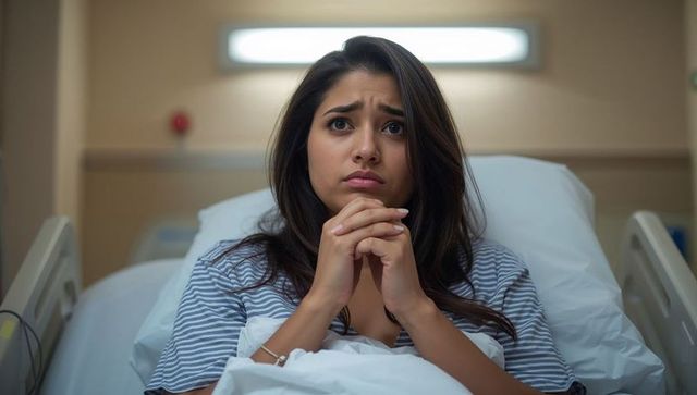 Worried woman clasping hands in hospital bed awaiting medical results