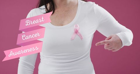 Breast Cancer Awareness Woman Pointing at Pink Ribbon
