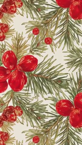 Vertical panning video revealing red florals, berries and pine sprigs on textile pattern