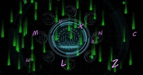 Neon Biometric Fingerprint HUD with Binary Code Rain and Cybersecurity Interface Elements