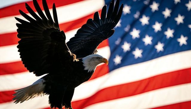 Majestic bald eagle soaring before american flag: patriotic freedom and national pride