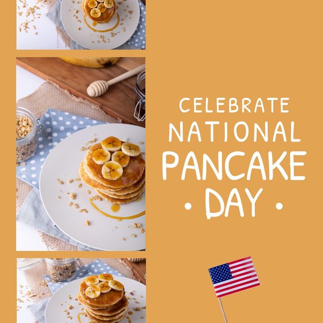 Celebrate National Pancake Day with Delicious Banana Pancakes and American Flag - Download Free Stock Templates Pikwizard.com