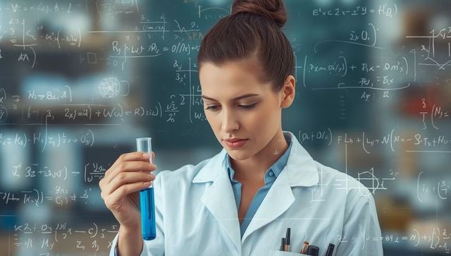 Female scientist analyzing blue solution in laboratory