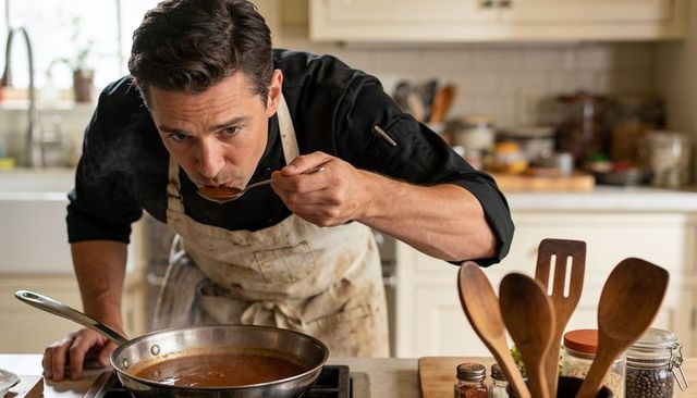 Professional chef tasting rich brown sauce while leaning over stove in warm home kitchen