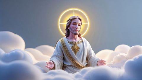 Divine icon of jesus with halo and clouds in ethereal light