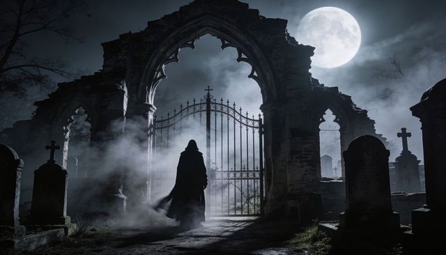 Moonlit gothic cemetery gate with cloaked figure and misty ruins, eerie nightscape, full moon