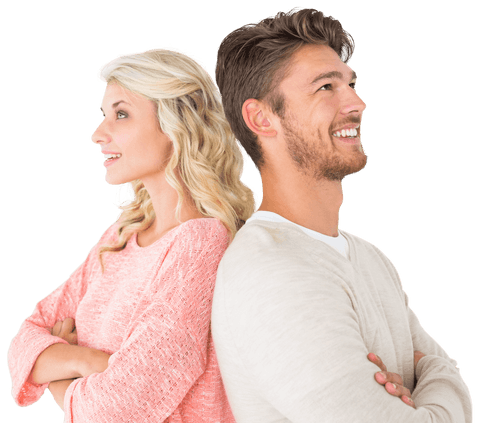 Transparent Smiling Couple Back to Back in Casual Clothing