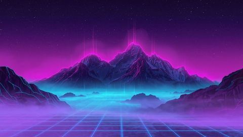 Neon synthwave mountain landscape with glowing peaks, cyan grid foreground and mist