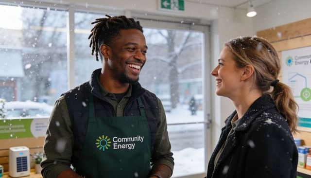 Friendly energy advisor greeting customer in snowy shop wearing community energy apron