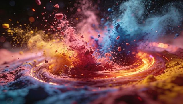 Vibrant powder vortex swirling with glowing ring, exploding pigment and colorful particles