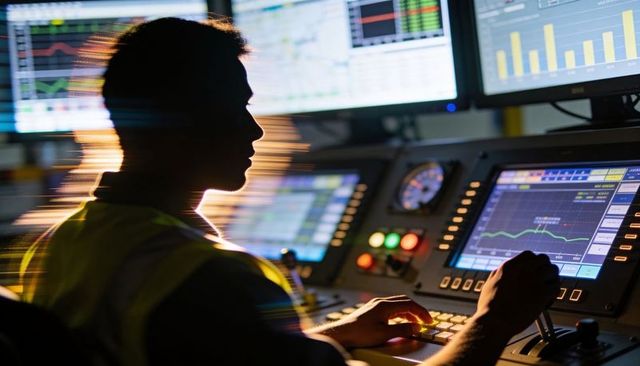 Silhouette technician monitoring industrial control panels and adjusting joystick in hi-vis vest