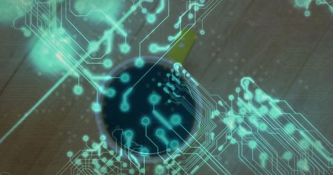 Futuristic circuits overlay above coffee mug innovation concept