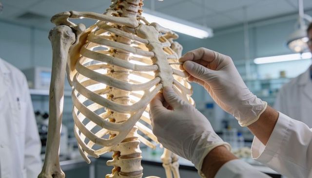 Gloved hands adjusting skeleton ribcage in anatomy lab teaching and medical training