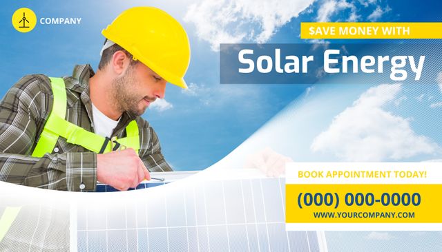 Promoting renewable energy solutions, an engineer reviews solar panel plans, embodying innovation and environmental responsibility. Ideal for marketing solar products or services, the template can also suit educational content on sustainable development.