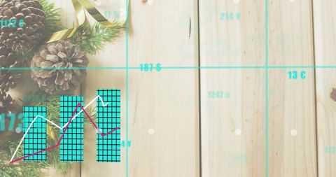 Festive business analytics on rustic wood with pinecones evergreen and turquoise data overlay