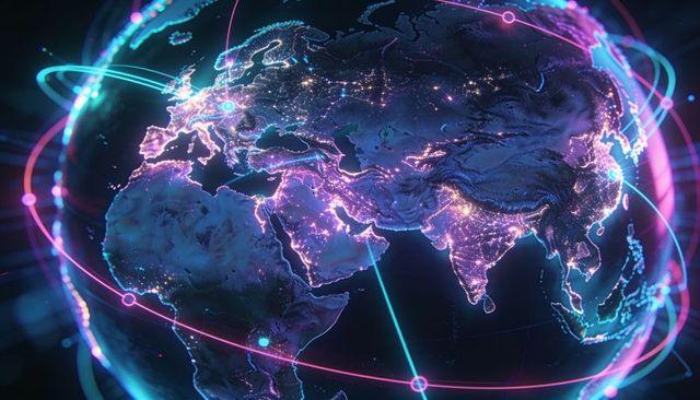 Rotating neon globe connecting global cities with glowing networks and cyberpunk energy