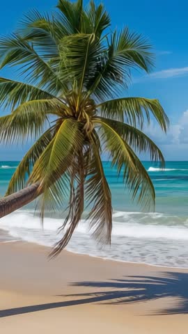 Swaying coconut palm leaning over turquoise ocean on golden sand | Vertical beach video
