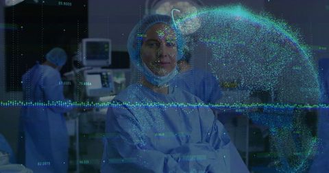 Confident Surgeon with Holographic Globe in Advanced Operating Room