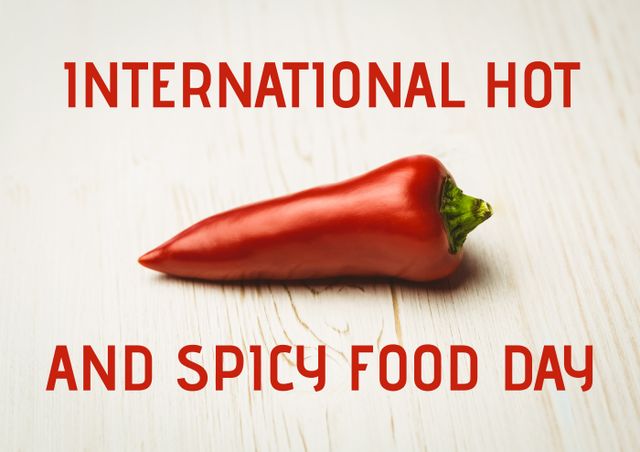 Digital composite image of international hot and spicy day text with red chili pepper on table. text, communication, spice, food and spicy food day concept.