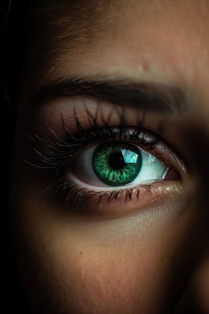 This close-up shot of a captivating green eye with dramatic lighting emphasizes the intricate details of the human eye. Useful for concepts related to vision, beauty, intensity, and facial features, it can be used in medical websites, articles about ophthalmology, or even in advertising related to beauty products.